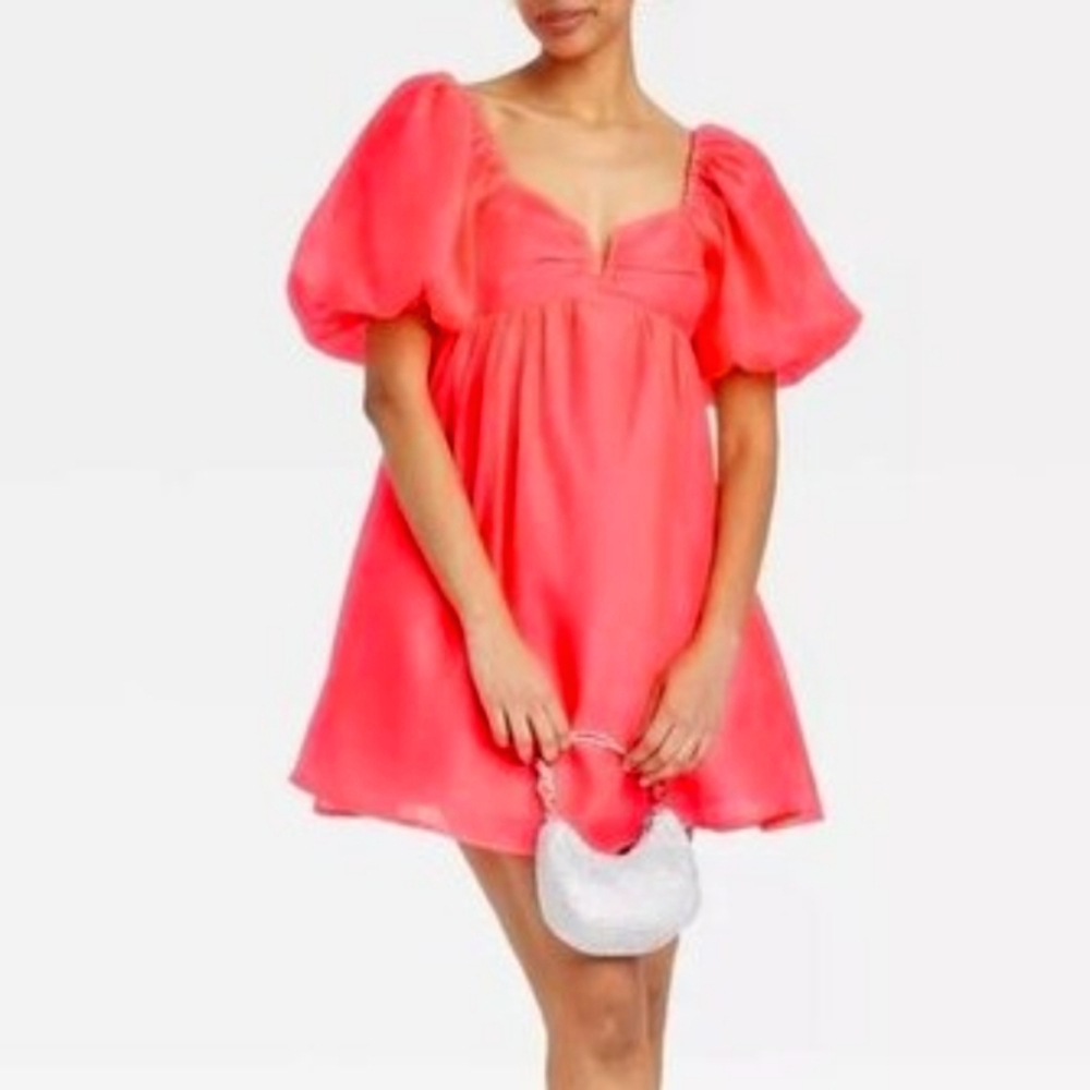 A New Day Neon Pink Puff Sleeve V Sweetheart Neck Babydoll Mini Dress Medium NWT
